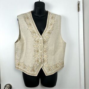 Vintage Boho Embroidered Tie Back Vest sz M Beige Y2K Summer Cottagecore